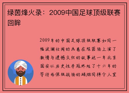 绿茵烽火录：2009中国足球顶级联赛回眸
